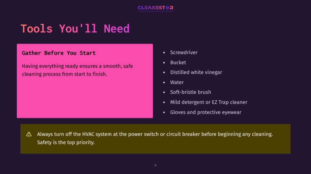 A Dark Purple Slide With The Title &Quot;Tools You'Ll Need&Quot; Lists Items For Cleaning, Including A Screwdriver, Bucket, Distilled White Vinegar, Water, Soft-Bristle Brush, Mild Detergent Or Ez Trap Cleaner, And Gloves And Protective Eyewear. A Bright Pink Box Highlights &Quot;Gather Before You Start,&Quot; Stating That Having Everything Ready Ensures A Smooth, Safe Cleaning Process. A Yellow Banner At The Bottom Warns To Always Turn Off The Hvac System Before Beginning Any Cleaning, Prioritizing Safety.