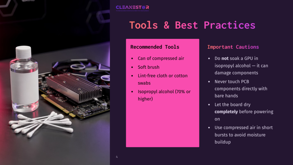 A Computer Motherboard With Tools And Best Practices Listed For Cleaning. A Bottle Of Isopropyl Alcohol, A Soft Brush, And Cotton Swabs Are Beside It, With A Caution Against Soaking The Gpu In Isopropyl Alcohol.