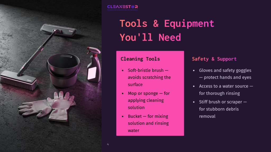 Cleaning Tools And Safety Equipment Laid Out On A Dark Floor, Including A Mop, Bucket, Gloves, And A Spray Bottle, With &Quot;Cleanestor Tools &Amp; Equipment You'Ll Need&Quot; Text Overlay.