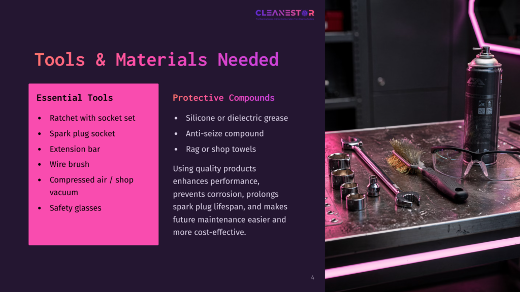A Workbench Displays Tools And Materials For Auto Maintenance, Including A Socket Set, Spark Plug Socket, Extension Bar, Wire Brush, Compressed Air/Shop Vacuum, Safety Glasses, And Cleaning Compounds Like Silicone Spray And Shop Towels. The Text &Quot;Tools &Amp; Materials Needed&Quot; And &Quot;Protective Compounds&Quot; Is Visible.