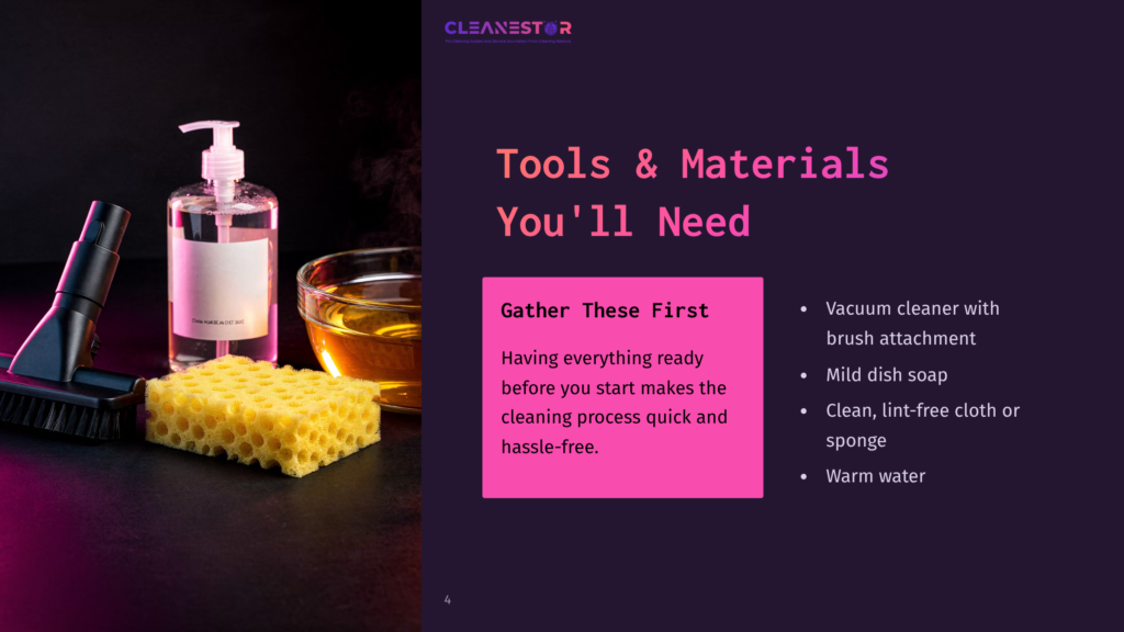 A Cleaning Kit Displayed On A Dark Surface Includes A Bottle Of Cleaning Solution, A Yellow Sponge, A Scrubbing Brush With A Black Handle, And A Bowl Of Amber Liquid. Text On The Right Lists &Quot;Tools &Amp; Materials You'Ll Need&Quot; For Cleaning.