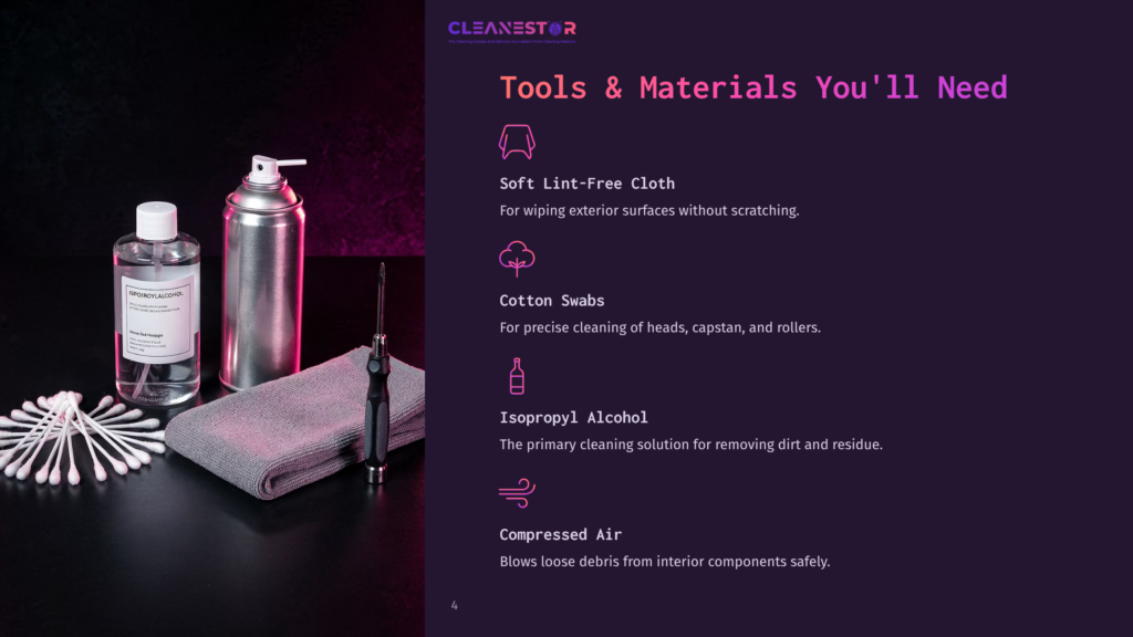 Tools And Materials For Cleaning: Isopropyl Alcohol Spray Can, Bottle Of Isopropyl Alcohol, Lint-Free Cloths, Cotton Swabs, And A Screwdriver On A Dark Background.
