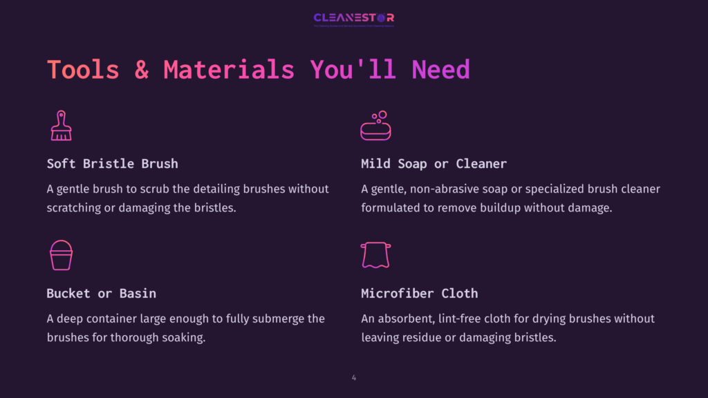 Tools And Materials For Cleaning: Soft Bristle Brush, Mild Soap Or Cleaner, Bucket Or Basin, And Microfiber Cloth. Text Details Each Item.