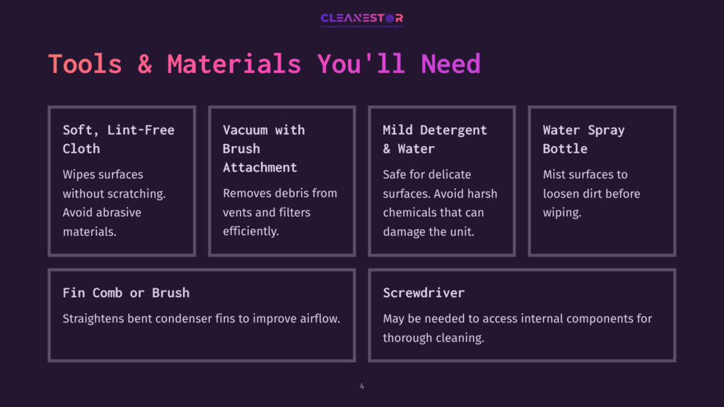A Dark Purple Slide Titled &Quot;Tools &Amp; Materials You'Ll Need&Quot; Lists Items For Cleaning: Soft Cloth, Vacuum With Brush Attachment, Mild Detergent &Amp; Water, Water Spray Bottle, Fin Comb Or Brush, And Screwdriver. The Cleanestor Logo Is At The Top.