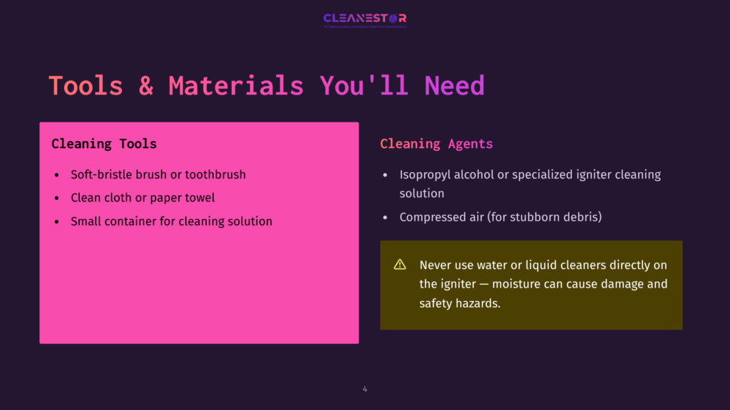 4 Tools And Materials Youll Need 5 Presentation Slide Titled &Quot;Tools &Amp; Materials You'Ll Need&Quot; Listing Cleaning Tools Like A Soft-Bristle Brush, Clean Cloth, And Small Container, And Cleaning Agents Such As Isopropyl Alcohol And Compressed Air, With A Warning About Using Liquids On Igniters.