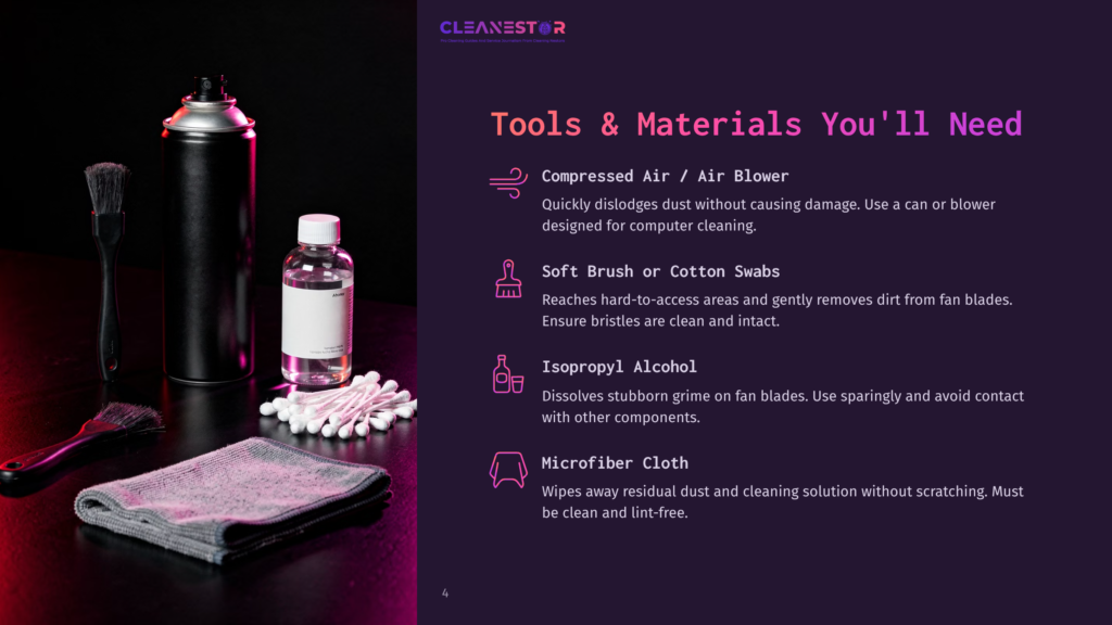 Tools And Materials For Cleaning Computers: A Can Of Compressed Air, Cotton Swabs, A Bottle Of Isopropyl Alcohol, And A Microfiber Cloth, With Cleaning Brushes In The Background.