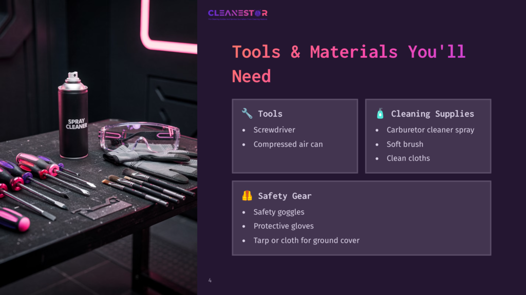 Tools And Materials For Cleaning A Carburetor, Including Screwdrivers, Compressed Air Can, Safety Goggles, Gloves, And Spray Cleaner, Laid Out On A Dark Surface.