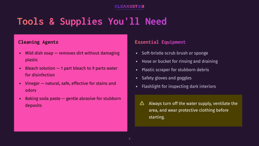 A Slide Titled &Quot;Tools &Amp; Supplies You'Ll Need&Quot; Lists Cleaning Agents Like Mild Dish Soap, Bleach Solution, Vinegar, And Baking Soda Paste, Alongside Essential Equipment Such As A Scrub Brush, Hose, Plastic Scraper, Safety Gloves, Goggles, And A Flashlight.