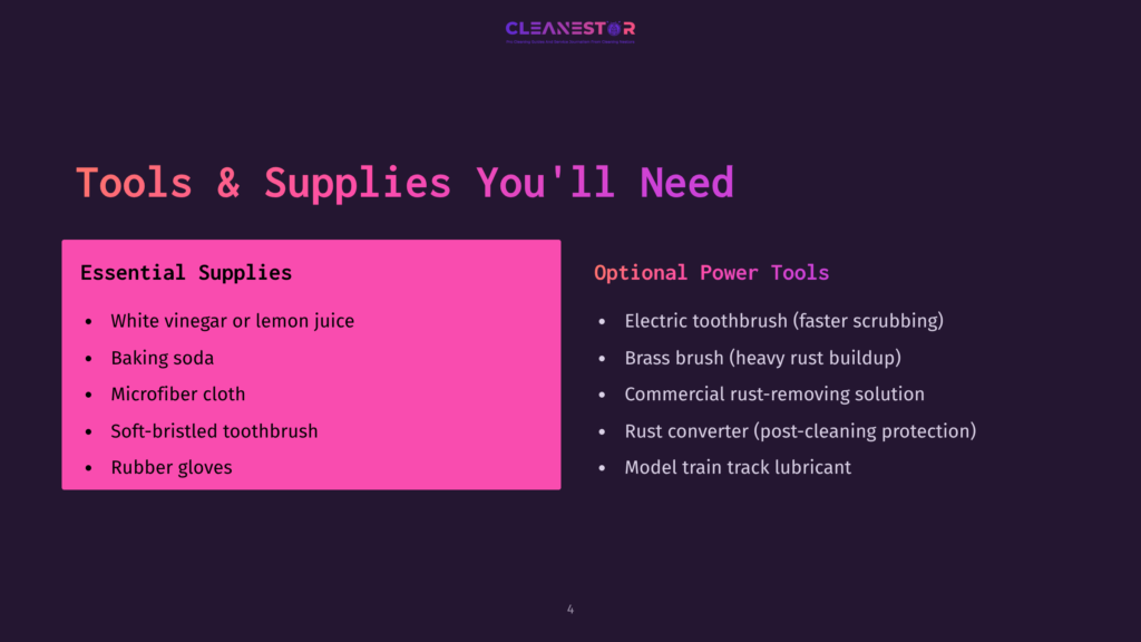 4 Tools And Supplies Youll Need A Dark Purple Slide With A &Quot;Cleanestor&Quot; Logo At The Top. The Slide Is Titled &Quot;Tools &Amp; Supplies You'Ll Need&Quot; In Large White Text. The Left Side Lists &Quot;Essential Supplies&Quot; In Pink, Including White Vinegar, Baking Soda, Microfiber Cloth, Soft-Bristled Toothbrush, And Rubber Gloves. The Right Side Lists &Quot;Optional Power Tools&Quot; In White, Including An Electric Toothbrush, Brass Brush, Commercial Rust-Removing Solution, Rust Converter, And Model Train Track Lubricant.