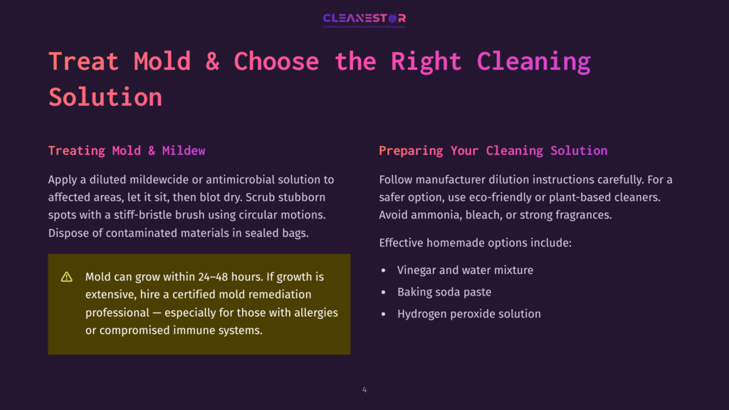 Title Slide For &Quot;Treat Mold &Amp; Choose The Right Cleaning Solution&Quot; Presentation, Featuring The Title Text And Two Columns Of Information: &Quot;Treating Mold &Amp; Mildew&Quot; And &Quot;Preparing Your Cleaning Solution,&Quot; With A Warning About Mold Growth.