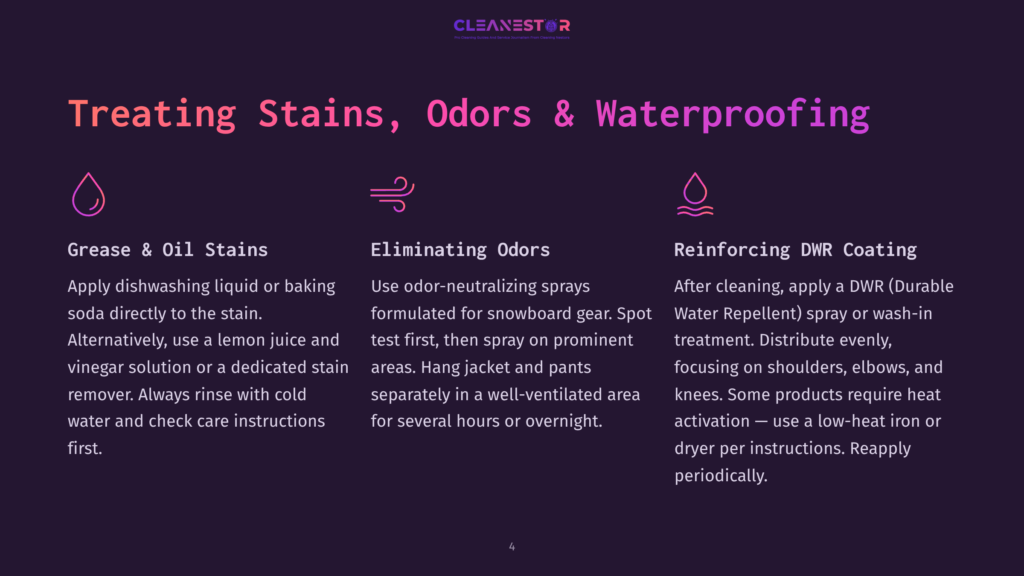 4 Treating Stains Odors And Waterproofing Graphic Detailing How To Treat Stains, Odors, And Waterproofing For Gear. Includes Icons For Grease And Oil Stains, Eliminating Odors, And Reinforcing Dwr Coating, With Accompanying Text Instructions.
