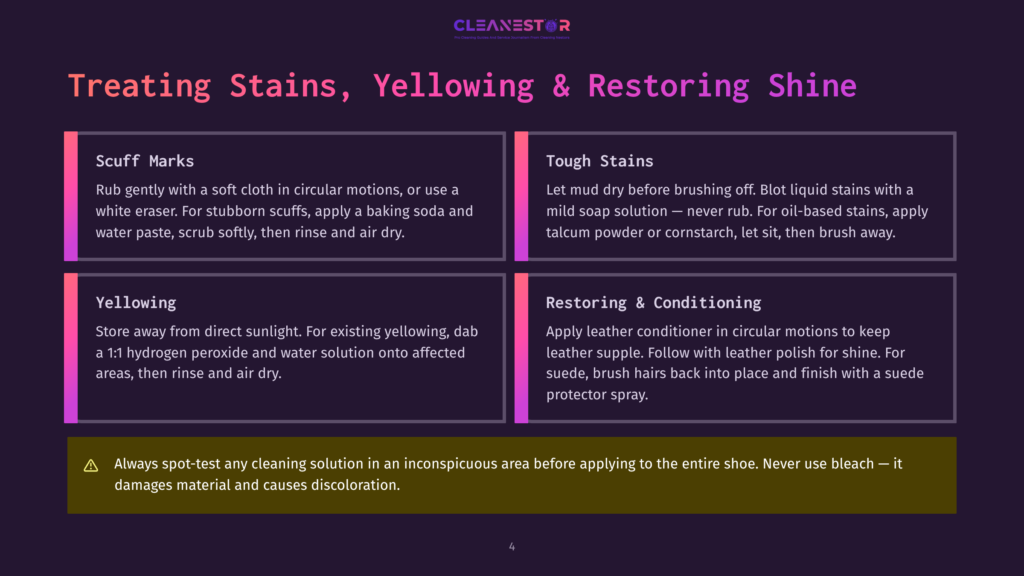 4 Treating Stains Yellowing And Restoring Shine Infographic Detailing How To Treat Stains, Yellowing, And Restore Shine On Shoes, With Sections On Scuff Marks, Tough Stains, Yellowing, And Restoring &Amp; Conditioning.