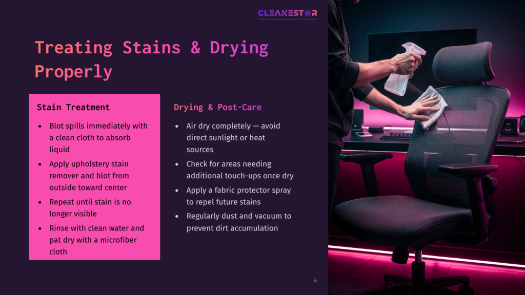 A Person Cleaning A Black Office Chair With A White Cloth And A Spray Bottle In A Modern Room With Purple Lighting And A Desk.