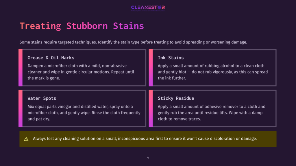 Infographic Titled &Quot;Treating Stubborn Stains&Quot; With Four Sections: Grease &Amp; Oil Marks, Ink Stains, Water Spots, And Sticky Residue, Offering Cleaning Tips.