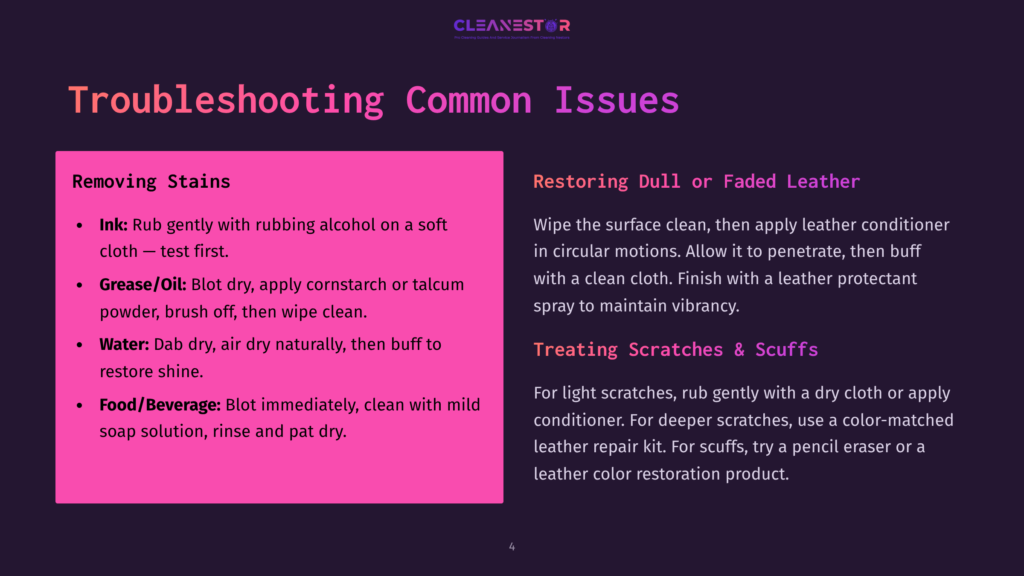 4 Troubleshooting Common Issues 1 A Visual Guide For Leather Care With Sections On Removing Stains, Restoring Dull Or Faded Leather, And Treating Scratches And Scuffs. The Background Is Dark With Contrasting Pink And White Text Blocks.