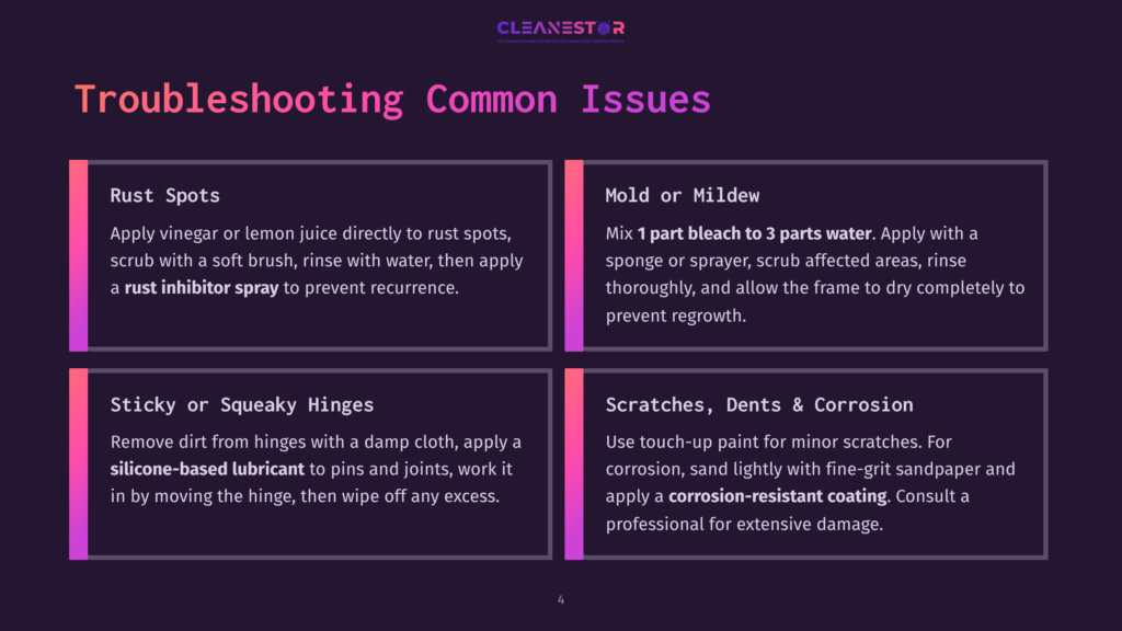 Troubleshooting Common Issues With A Dark Purple Background. Sections Cover Rust Spots, Mold Or Mildew, Sticky Or Squeaky Hinges, And Scratches, Dents &Amp; Corrosion.