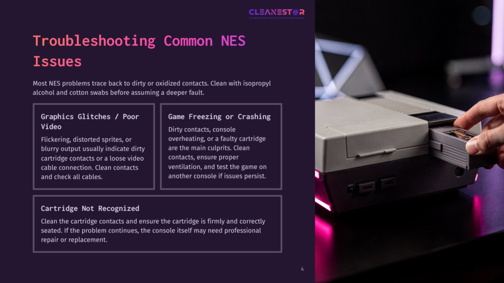 Close-Up Of A Hand Inserting A Nintendo Nes Cartridge Into A Vintage Nes Console, With Troubleshooting Tips For Nes Graphics Glitches, Game Freezing, And Cartridge Recognition Visible On The Left.