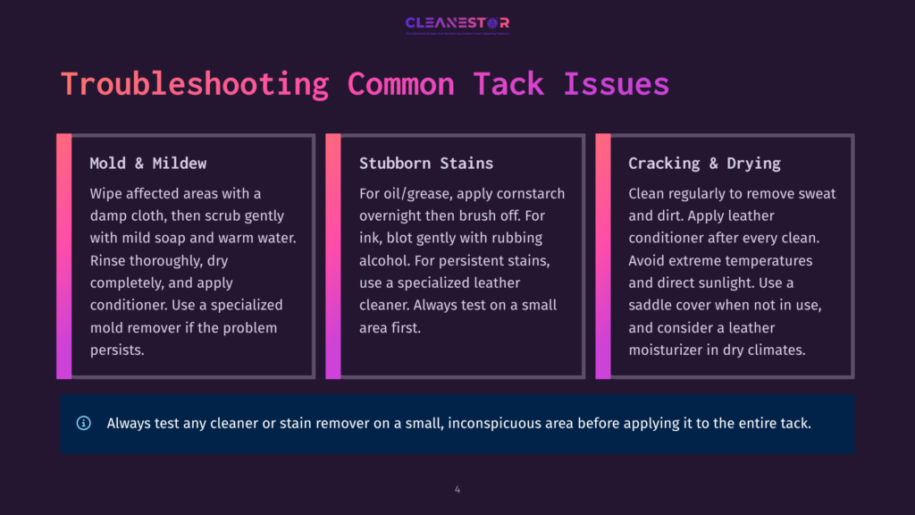 4 Troubleshooting Common Tack Issues Troubleshooting Common Tack Issues: Mold &Amp; Mildew, Stubborn Stains, And Cracking &Amp; Drying. Includes Tips For Cleaning And Care.