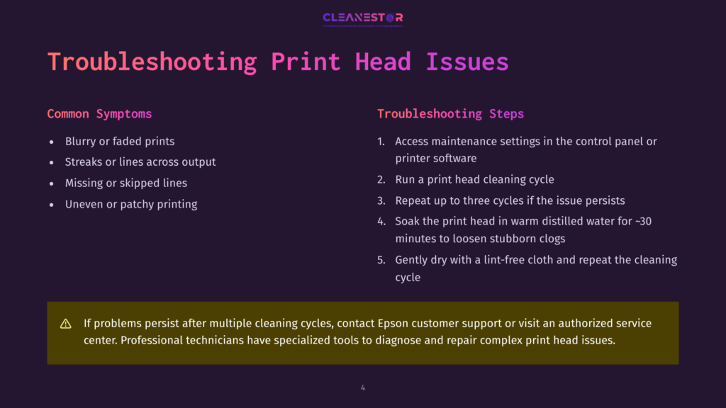 Troubleshooting Print Head Issues: Common Symptoms Like Blurry Or Faded Prints, Streaks, Missing Lines, And Patchy Printing Are Listed Alongside Troubleshooting Steps, Including Cleaning Cycles And Using A Lint-Free Cloth.