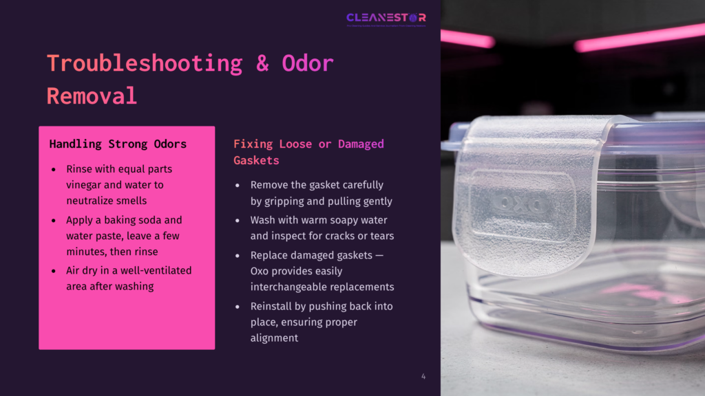 Close-Up Of A Clear Plastic Food Storage Container Lid With A Purple Gasket, Showing The Gasket'S Texture And The Lid'S Locking Mechanism. Text On The Left Details Troubleshooting For Odors And Loose Gaskets In Food Containers.