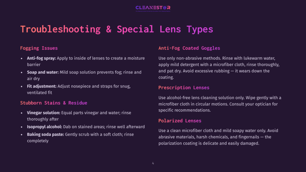 Troubleshooting &Amp; Special Lens Types: Fogging Issues, Stubborn Stains &Amp; Residue, Anti-Fog Coated Goggles, Prescription Lenses, Polarized Lenses. Includes Care Tips For Lenses.