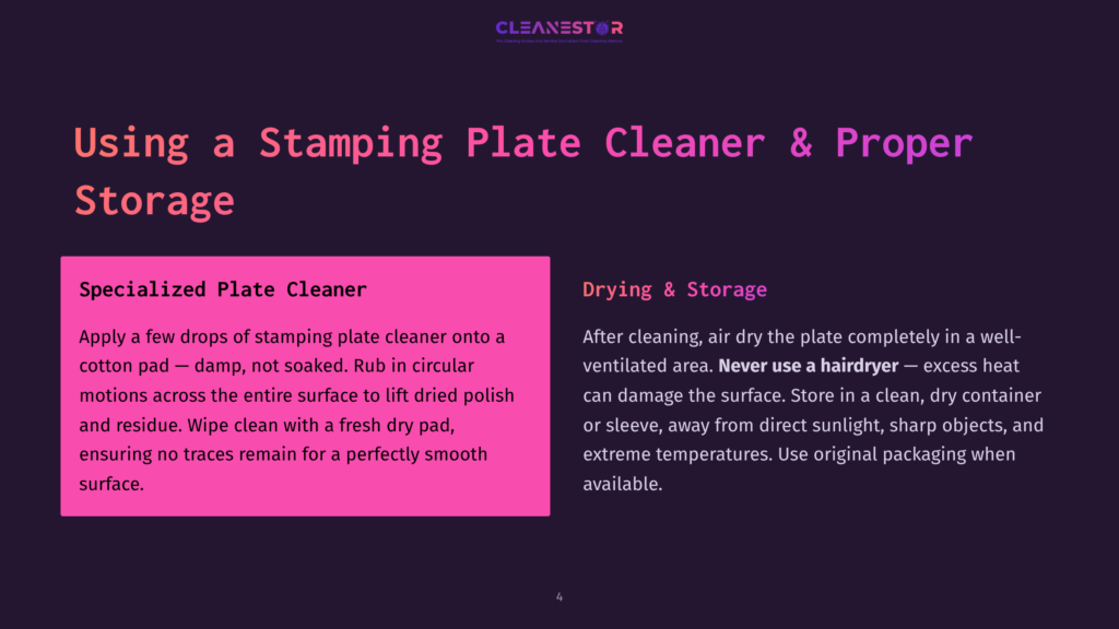 4 Using A Stamping Plate Cleaner And Proper Storage Cleanestor Logo With The Text &Quot;Pro Cleaning Services And Specialized Plate Cleaning Solutions&Quot;. The Slide Title Is &Quot;Using A Stamping Plate Cleaner &Amp; Proper Storage&Quot;. Left Side Has Pink Background With White Text: &Quot;Specialized Plate Cleaner&Quot; And Instructions On How To Use It. Right Side Has Dark Background With White Text: &Quot;Drying &Amp; Storage&Quot; And Instructions On How To Dry And Store Plates.