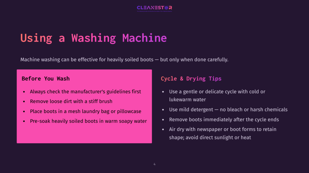 A Dark Purple Slide Titled &Quot;Using A Washing Machine&Quot; With Tips For Washing And Drying Boots. Key Points Include Checking Manufacturer Guidelines, Using A Mesh Laundry Bag, And Gentle Cycle With Cold Water.