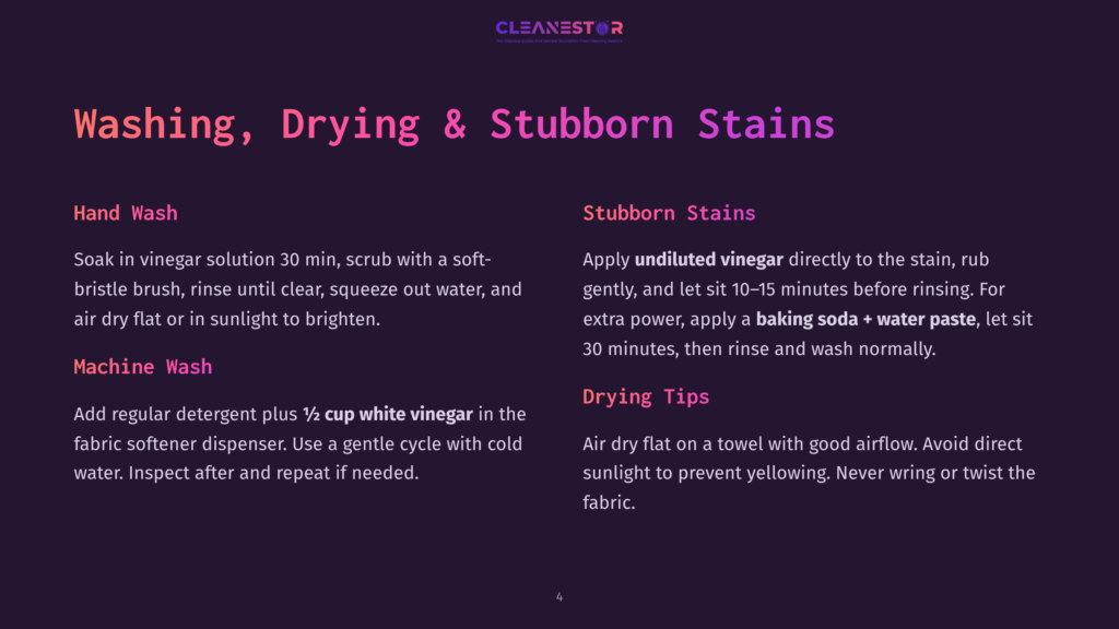 A Slide With The Title &Quot;Washing, Drying &Amp; Stubborn Stains&Quot; And Instructions For Hand Washing, Machine Washing, And Treating Stubborn Stains With Vinegar And Baking Soda.