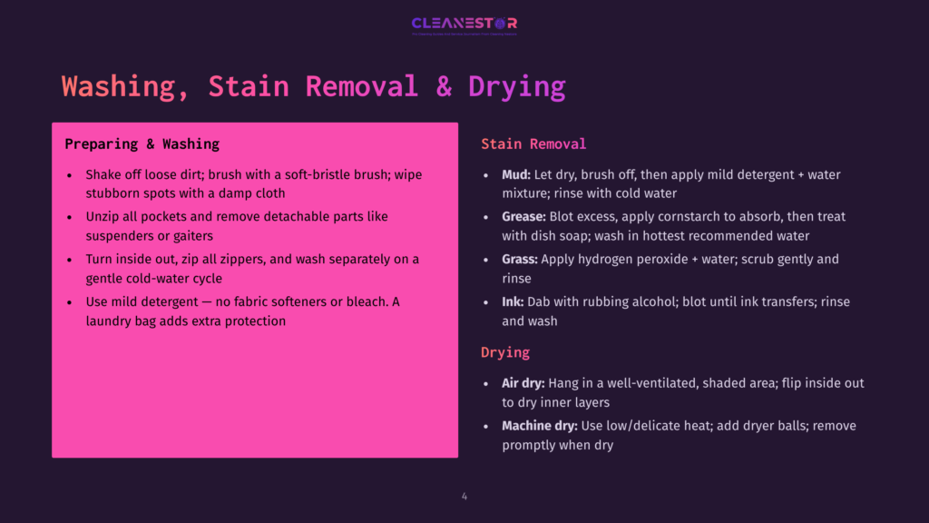 A Pink And Purple Graphic With Text Detailing Washing, Stain Removal, And Drying Tips, Including Steps For Preparing Clothes And Specific Stain Treatment Methods Like Using Cornstarch Or Hydrogen Peroxide.