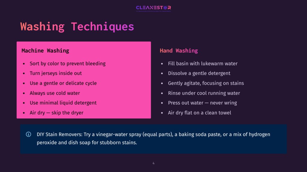Washing Techniques For Jerseys: Machine Washing Tips Include Sorting By Color, Turning Jerseys Inside Out, Using Cold Water, And Avoiding The Dryer. Hand Washing Advice Covers Gentle Agitation, Rinsing, And Flat Drying.
