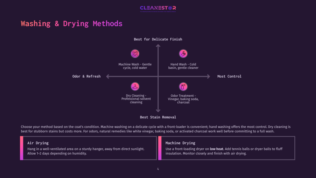 A Diagram Titled &Quot;Washing &Amp; Drying Methods&Quot; Illustrates Four Quadrants: Odor &Amp; Refresh, Best For Delicate Finish, Most Control, And Best Stain Removal, With Sub-Categories Like Machine Wash, Hand Wash, Dry Cleaning, And Odor Treatment.
