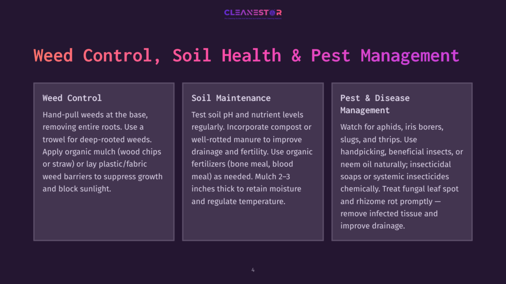 A Presentation Slide Titled &Quot;Weed Control, Soil Health &Amp; Pest Management&Quot; With Three Columns Detailing Weed Control, Soil Maintenance, And Pest &Amp; Disease Management Strategies.