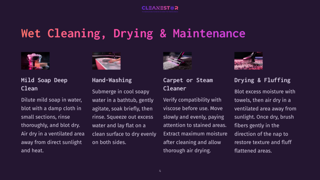 Four Panels Illustrate Carpet Cleaning Methods: Mild Soap Deep Clean, Hand-Washing, Steam Cleaning, And Drying With A Fluffy Brush And Sunlight.