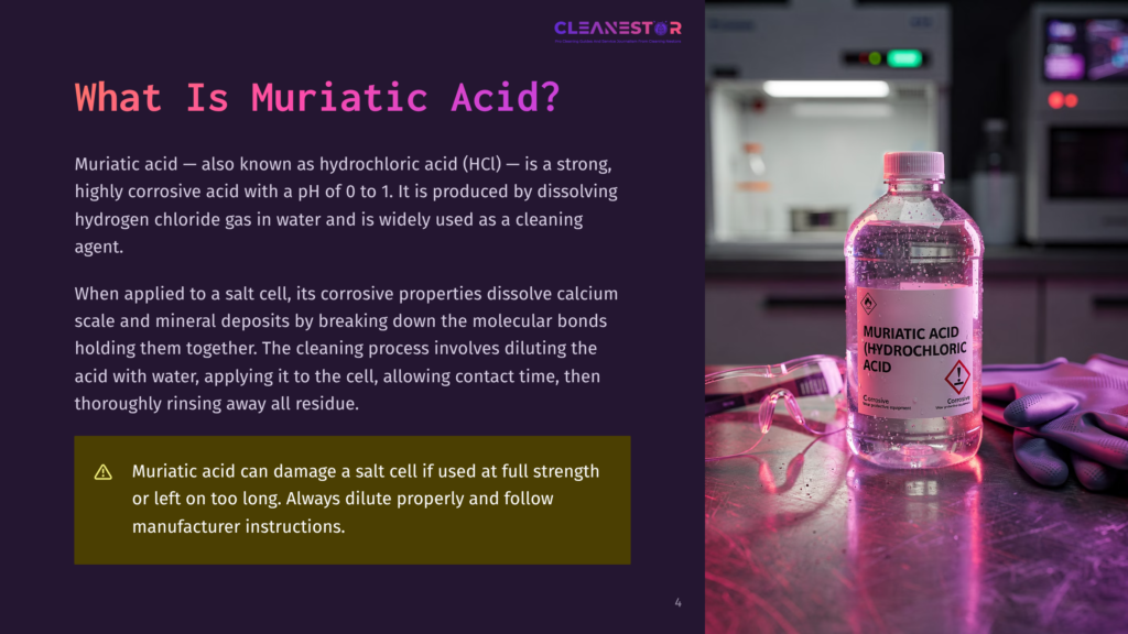 A Clear Plastic Bottle Of Muriatic Acid (Hydrochloric Acid) With A Red And White Label Sits On A Metal Surface, Beside Safety Gloves And A Clear Tube.