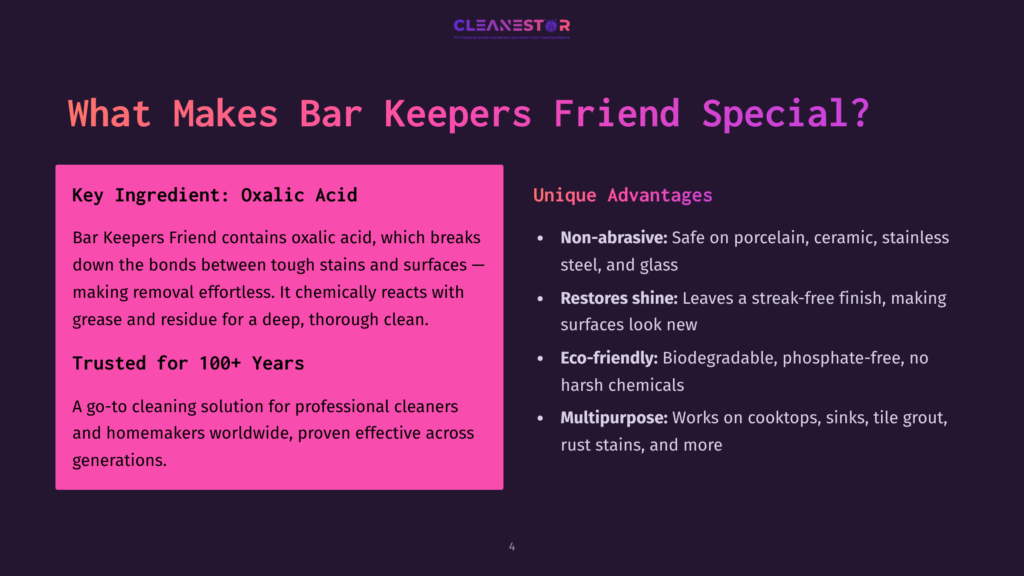 Bar Keepers Friend Product Slide With Text: &Quot;What Makes Bar Keepers Friend Special?&Quot;, &Quot;Key Ingredient: Oxalic Acid&Quot;, And &Quot;Unique Advantages&Quot; Listing Benefits Like &Quot;Non-Abrasive&Quot; And &Quot;Restores Shine&Quot;.