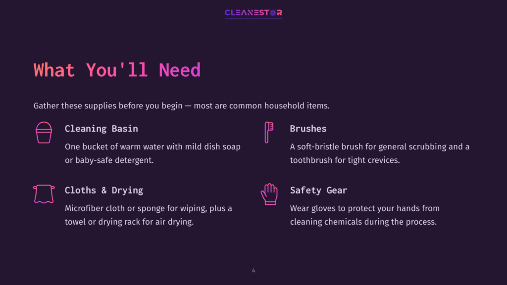 Illustration Listing Household Cleaning Supplies: A Cleaning Basin, Brushes, Cloths &Amp; Drying Items, And Safety Gear. Text Reads &Quot;What You'Ll Need&Quot; And &Quot;Gather These Supplies Before You Begin - Most Are Common Household Items.