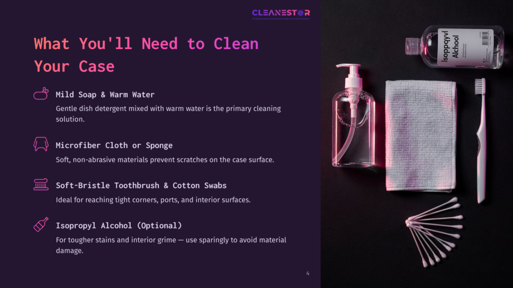 A Flat Lay Of Cleaning Supplies For A Phone Case: Isopropyl Alcohol, A Microfiber Cloth, A Soft-Bristle Toothbrush, And Cotton Swabs, Arranged On A Dark Surface.