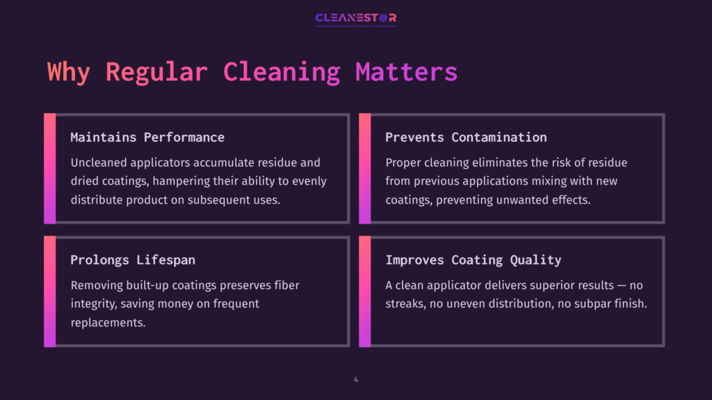 Infographic Titled &Quot;Why Regular Cleaning Matters&Quot; With Four Panels Detailing Benefits: Maintains Performance, Prevents Contamination, Prolongs Lifespan, And Improves Coating Quality.