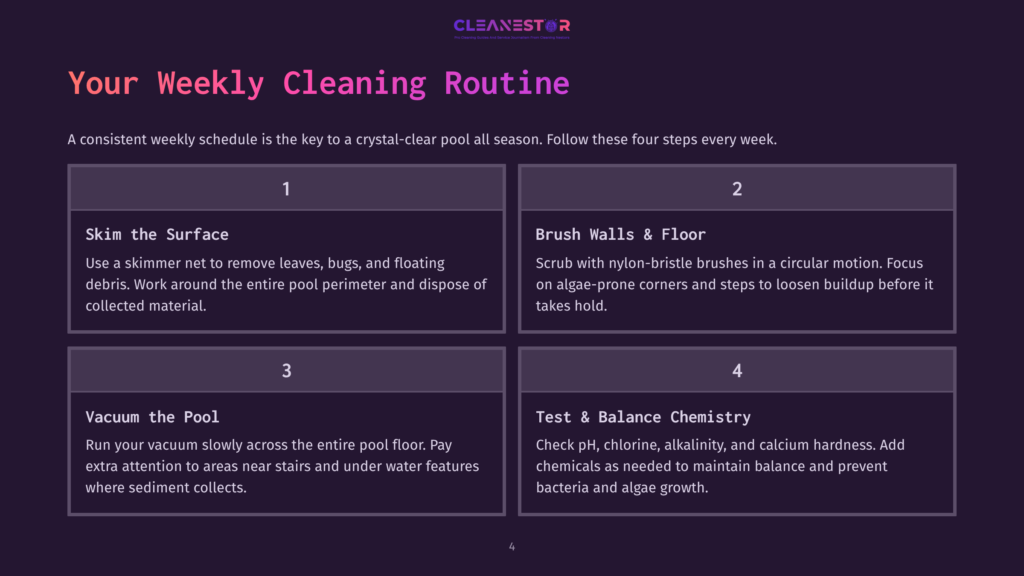 Cleanestor Weekly Pool Cleaning Routine: Skim Surface, Brush Walls, Vacuum Pool, And Test Chemistry. Four Steps For A Crystal-Clear Pool.
