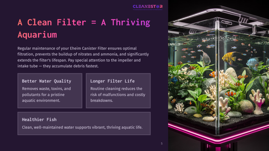 A Thriving, Vibrant Aquarium With A Clean Filter, Featuring Colorful Fish Like Clownfish And A Large Angelfish Swimming Among Lush Green Plants And Coral.