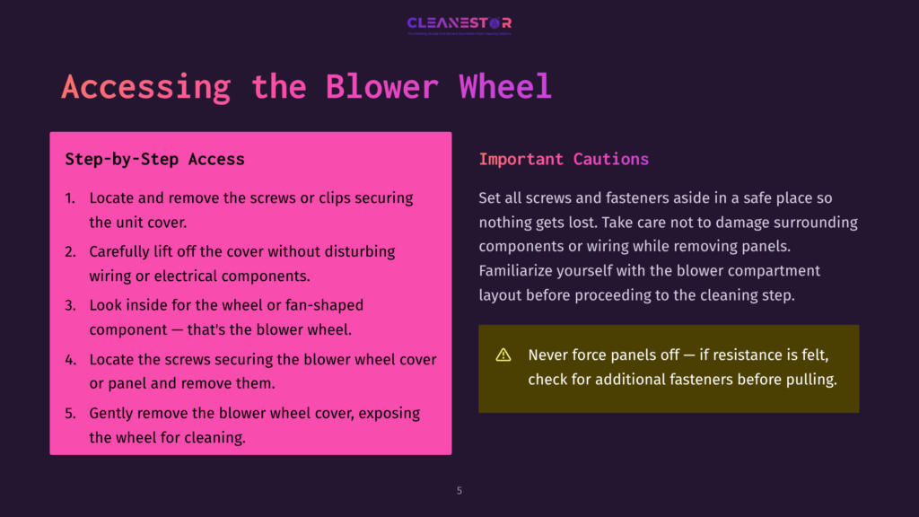 5 Accessing The Blower Wheel Cleanestor Blower Wheel Access Guide: Step-By-Step Instructions For Removing The Blower Wheel Cover To Expose The Wheel For Cleaning.