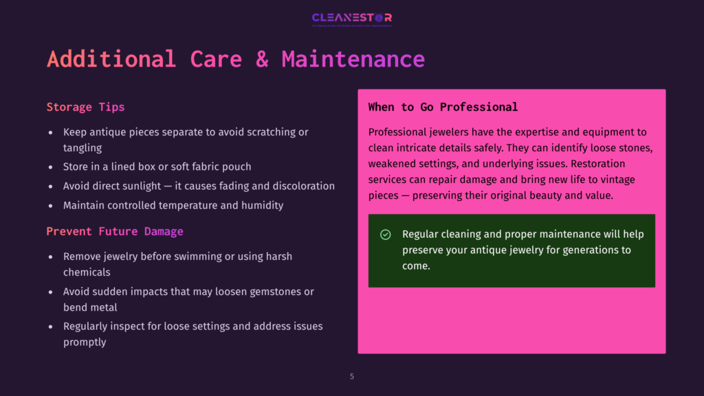 Cleanestor Logo At The Top Of A Slide With &Quot;Additional Care &Amp; Maintenance&Quot; Title. Left Side Lists &Quot;Storage Tips&Quot; And &Quot;Prevent Future Damage.&Quot; Right Side Has &Quot;When To Go Professional&Quot; With Bullet Points About Professional Jewelers.