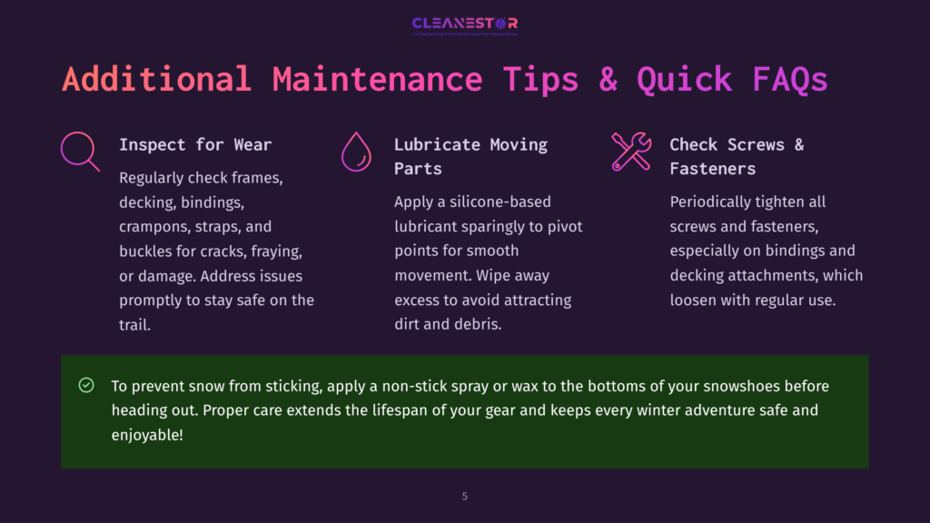 A Graphic With &Quot;Additional Maintenance Tips &Amp; Quick Faqs&Quot; In Large Text, Featuring Icons For Inspecting Wear, Lubricating Moving Parts, And Checking Screws And Fasteners On Snowshoes, With Additional Text About Snowshoe Care.