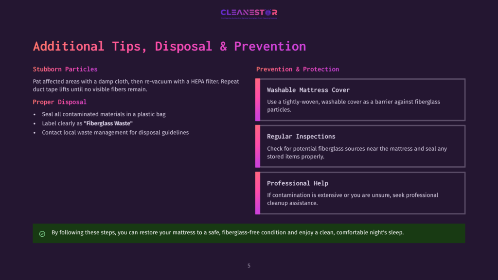Infographic With Text: &Quot;Additional Tips, Disposal &Amp; Prevention,&Quot; &Quot;Stubborn Particles,&Quot; &Quot;Proper Disposal,&Quot; &Quot;Washable Mattress Cover,&Quot; &Quot;Regular Inspections,&Quot; And &Quot;Professional Help.
