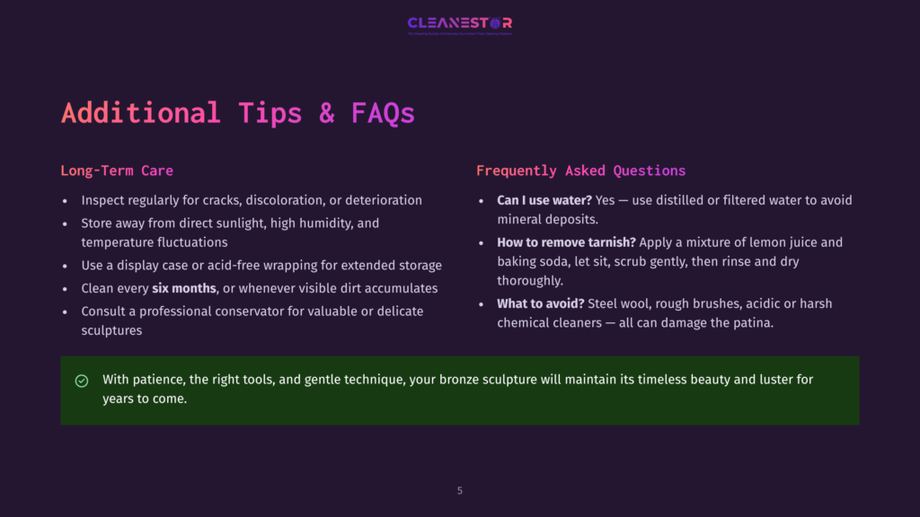 A Dark Purple Slide With The Title &Quot;Additional Tips &Amp; Faqs&Quot; And Sections On &Quot;Long-Term Care&Quot; And &Quot;Frequently Asked Questions&Quot; For Cleaning Bronze Sculptures.