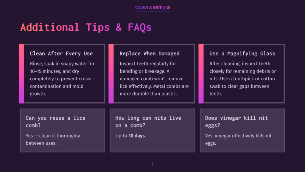 5 Additional Tips And Faqs A Dark Purple Graphic With The Title &Quot;Additional Tips &Amp; Faqs&Quot; And Three Sections: &Quot;Clean After Every Use,&Quot; &Quot;Replace When Damaged,&Quot; And &Quot;Use A Magnifying Glass,&Quot; With Additional Sections At The Bottom.