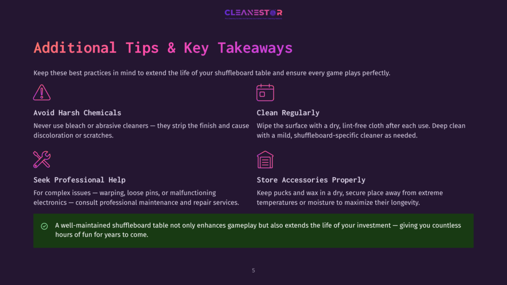 5 Additional Tips And Key Takeaways A Dark Purple Background With A Light Purple Gradient Features The Text &Quot;Additional Tips &Amp; Key Takeaways&Quot; In White. Below, Five Icons With Text Describe Shuffleboard Table Maintenance, Including Avoiding Harsh Chemicals, Regular Cleaning, Professional Help, And Accessory Storage.
