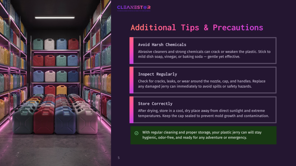 A Well-Lit Warehouse Aisle Filled With Colorful Plastic Containers, Some Labeled, With A Purple And Pink Neon Glow. Text Overlays Include &Quot;Avoid Harsh Chemicals&Quot; And &Quot;Inspect Regularly.&Quot; There'S Also A Note About Storing The Containers Correctly And Keeping Them Hygienic And Odor-Free.