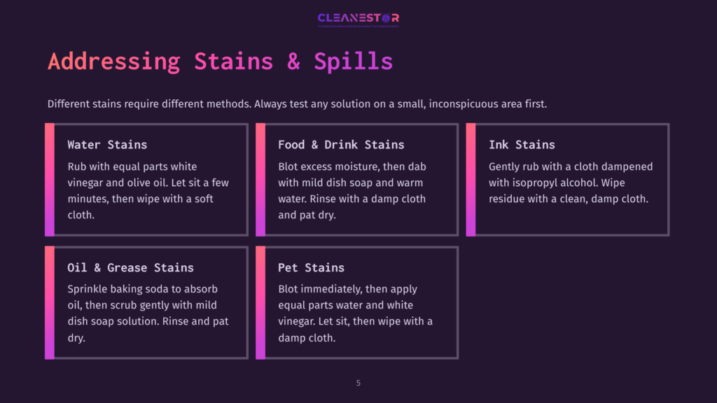Cleanestor Infographic Titled &Quot;Addressing Stains &Amp; Spills&Quot; With Five Sections: Water Stains, Food &Amp; Drink Stains, Ink Stains, Oil &Amp; Grease Stains, And Pet Stains, Offering Cleaning Solutions.