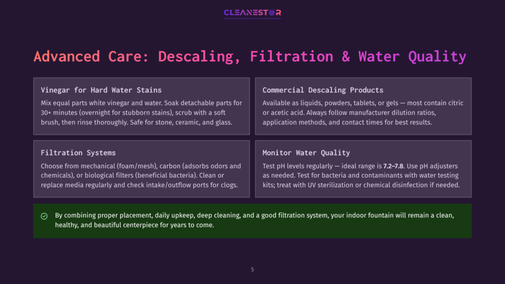 A Presentation Slide Titled &Quot;Advanced Care: Descaling, Filtration &Amp; Water Quality&Quot; With Sections On Vinegar For Hard Water Stains, Commercial Descaling Products, Filtration Systems, And Monitor Water Quality, And A Green Checkmark Icon With Text About Proper Placement And Maintenance.